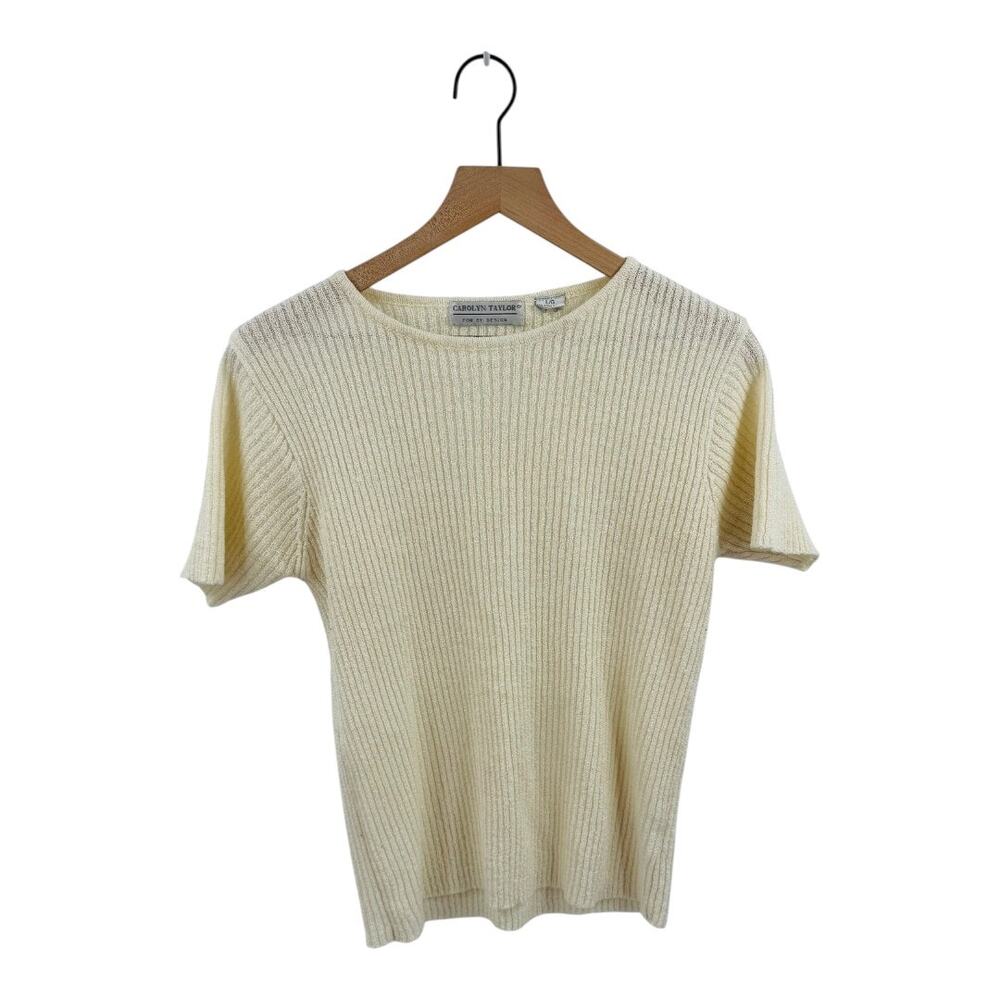 Vintage Carolyn Taylor Ribbed Knit Short Sleeve Sweater Cream Top Size L